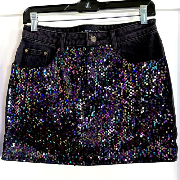 Mustard Seed Sequined Y2K style Denim Miniskirt black MEDIUM NWOT night out chic - Picture 3 of 11